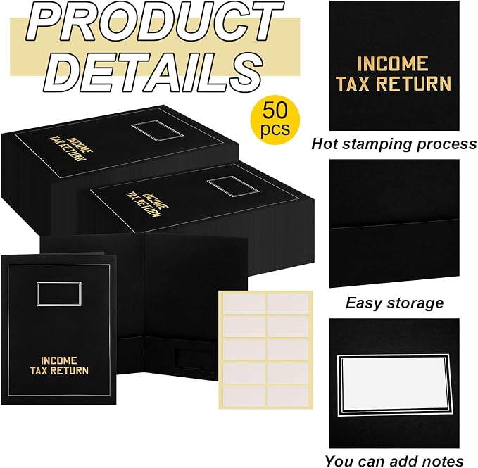 Kisston 50 Pcs Tax Return Folders Bulk 2 Pocket Gold Foil Stamped Income Tax Folders with Labels Business File Office Blank Organizer (Black)