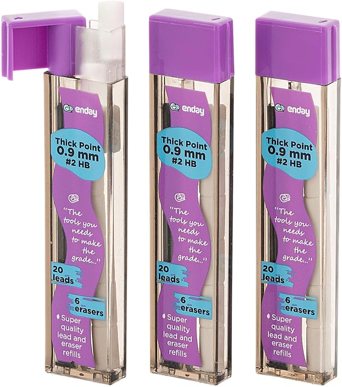 Enday Mechanical Pencil Refills, Black HB #2 Lead, White Eraser, Pack of 3 (20 Leads & 6 Erasers per Tube)