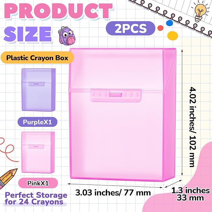 Clabby 2 Pcs Plastic Crayon Organizer Case for 24 Count Crayons Kids Art Supply Storage Box with Lid, Portable Holder for Classroom Home Travel, Fits Standard 24-Pack Crayon (Purple,Pink)