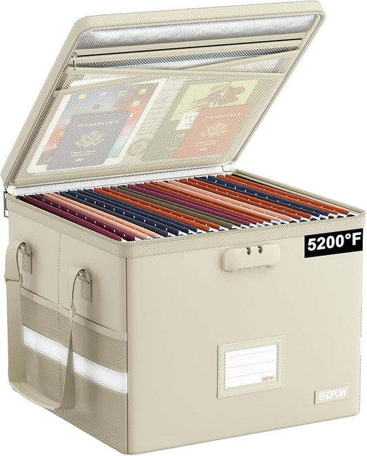 ENGPOW 5200°F File Box Fireproof Document Box with Lock,Heat Insulated Collapsible File Storage Organizer Box with Handle,Portable Home Office File Cabinet for Hanging Letter/Legal Size Folder, Beige