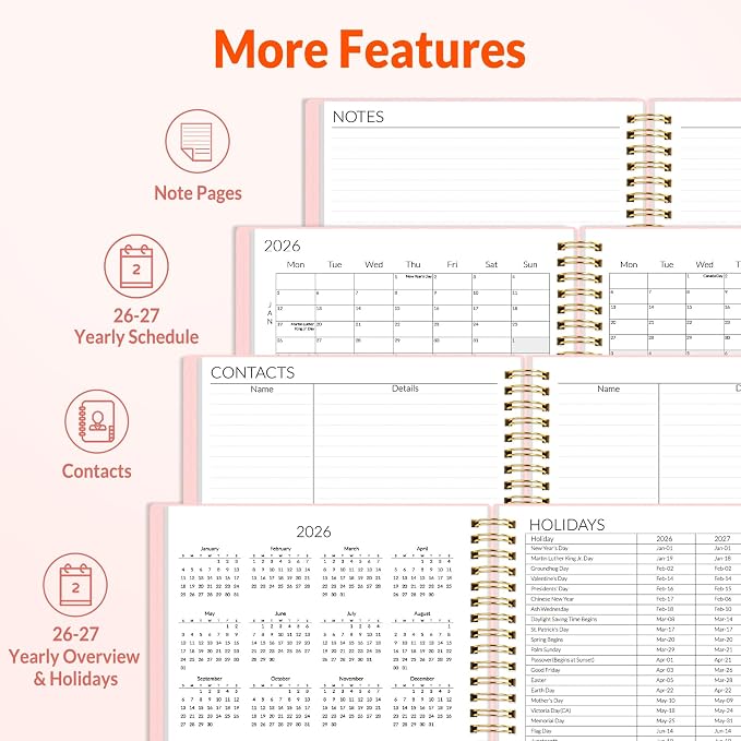 SUNEE Monthly Planner 2026-2027 - 18 Months Calendar Planner from Jul 2026 to Dec 2027, 7"x10" Yearly Planner with Tabs, Spiral Binding, Organizer for School Office Home, Pink