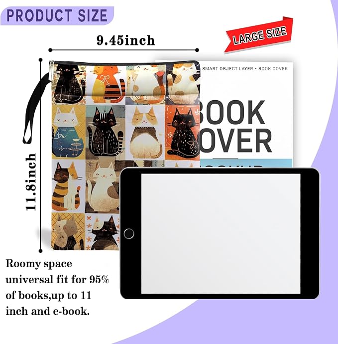 Cat Book Sleeve - Book Covers with Zipper, Book Covers for Paperbacks, Cat Themed Gifts for Women, Graduation Birthday (Black, Large)