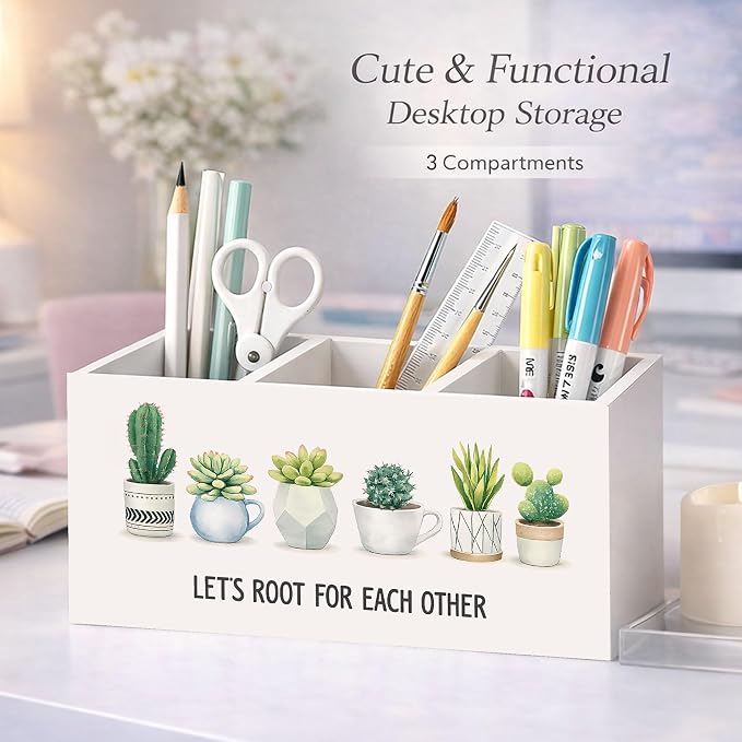 Succulent Desk Organizer Wooden Pen Pencil Holder for Desk, 3 Compartments Office Accessories, Let's Root for Each Other Plant Decor, Cute Succulent Gifts for Women Home Office Storage