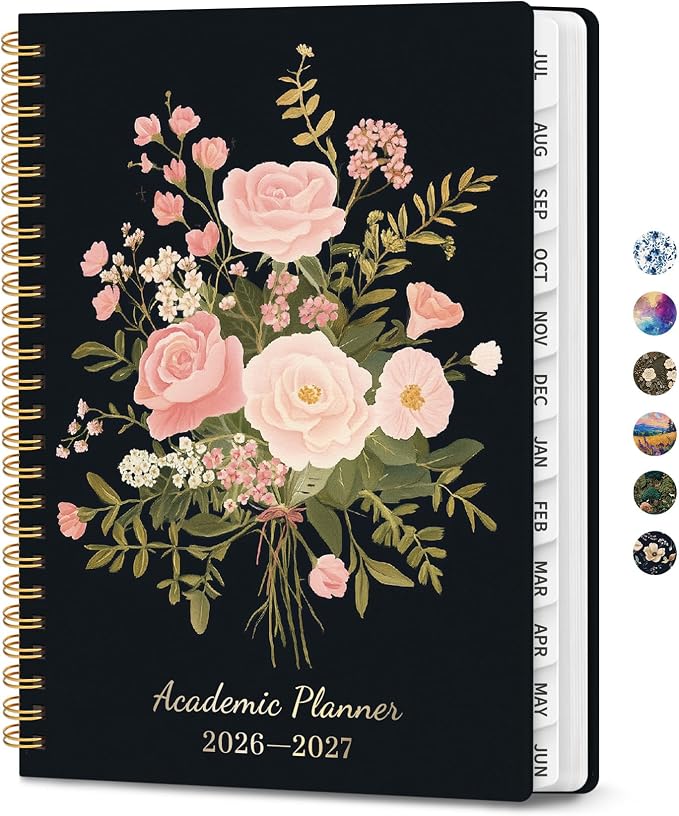 Planner 2026–2027, Academic Planner Weekly and Monthly Calendar Jul 2026 – Jun 2027 Hardcover Planner with Tabs and Pocket, Spiral Bound Agenda Book for Student & Teacher, 6.3" x 8.5", Blush Bouquet