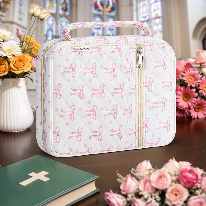 WOBAGMEN Bible Cover Case for Women,Large Bible Tote Bags Organizer Quilted Carrying Case for Girls,Bible Study Supplies Accessories Christian Gifts for Women (Pink Bow Heart, M)