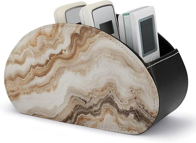 Beige Marble Texture Remote Control Holder with 5 Compartments Leather TV Remote Caddy Remote Storage Box Desktop Organizer for Pen/TV Remotes/Media Controllers/Office Supplies