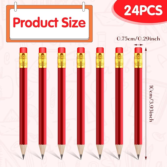 24 Pcs Mini Half Pencils Red Golf Pencils with Erasers Bulk 4 Inch Short Pre Sharpened Pencil Small Pencil for Games Baby Shower Bridal Shower Wedding Presents Classroom Back to School Office Pocket
