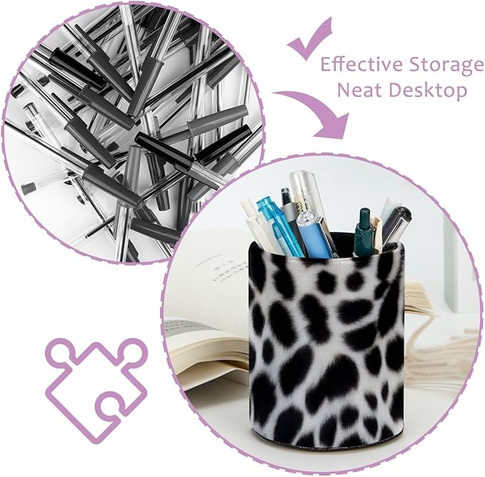 Black Leopard Print Leather Pen Holder for Desk, Multifunctional Desktop Organizer Pencil Cup, Desktop Caddy Stationery Organizer for School Home Office Desk Accessories