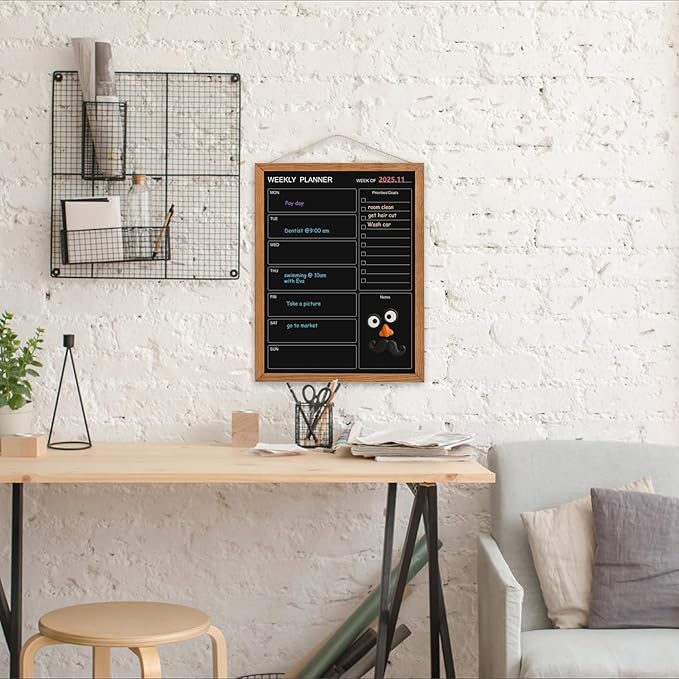 Calendar Weekly Chalkboard, 13" * 17", Magnetic Surface Rustic Brown Solid Pine Wood Frame Black Board for Office, School and Home(ZLHB-QZ-3343)
