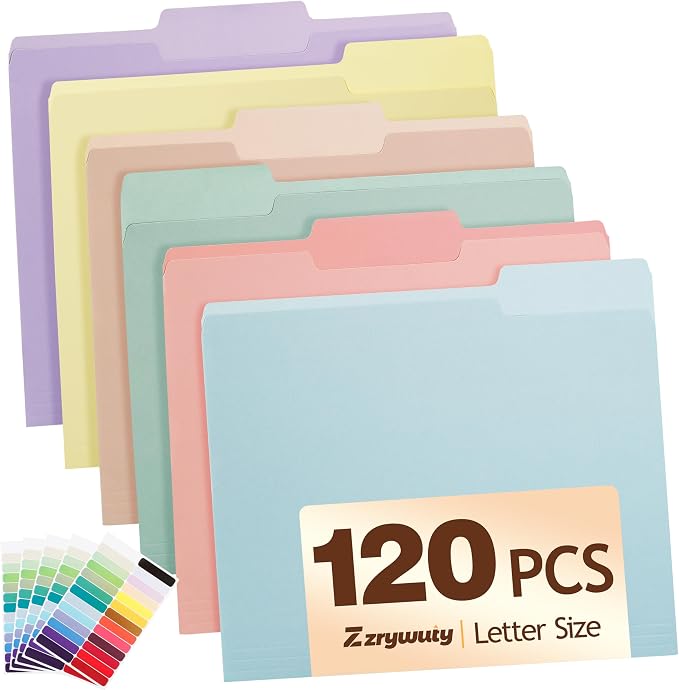 Color File Folders, 1/3-Cut Tabs, 120 Pack File Folder Letter Size, 6 Pastel Colors Organizer File Folders for School Home Office Business