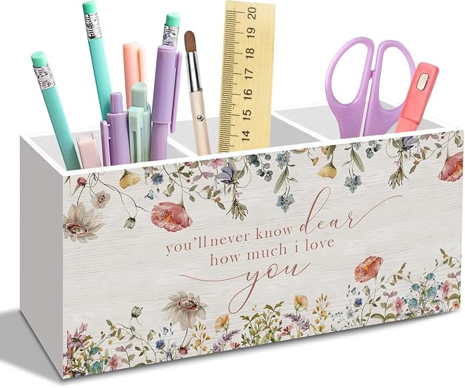 Wildflower Nursery Pen Pencil Holder for Desk Decor, Boho Floral Baby Girl Room Office Desk Accessories, You'll Never Know Dear How Much I Love You Sign Pen Holders Organizer for Nursery