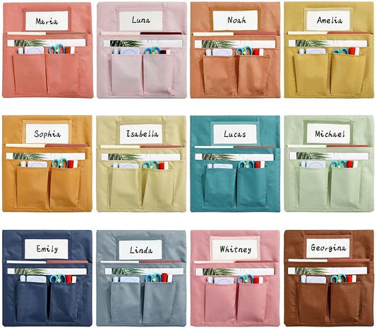 gisgfim 12 Pcs Small Chair Pockets for Classroom 13 x 14 Inch Bag with Name Tag Multi Pockets Chairsback Pouch Organizer for Student Kindergarten Elementary Daycare (Boho)