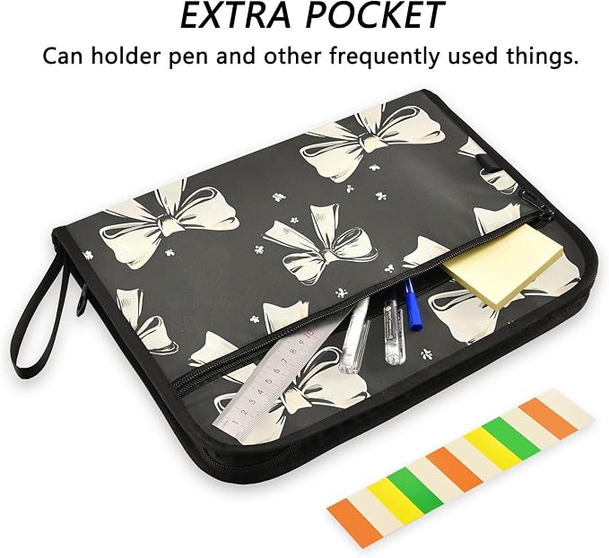 Expanding File Folder Black White Bow Accordion File Organizer 13 Pockets Document Organizer with Zipper Labels A4 Letter Office Storage