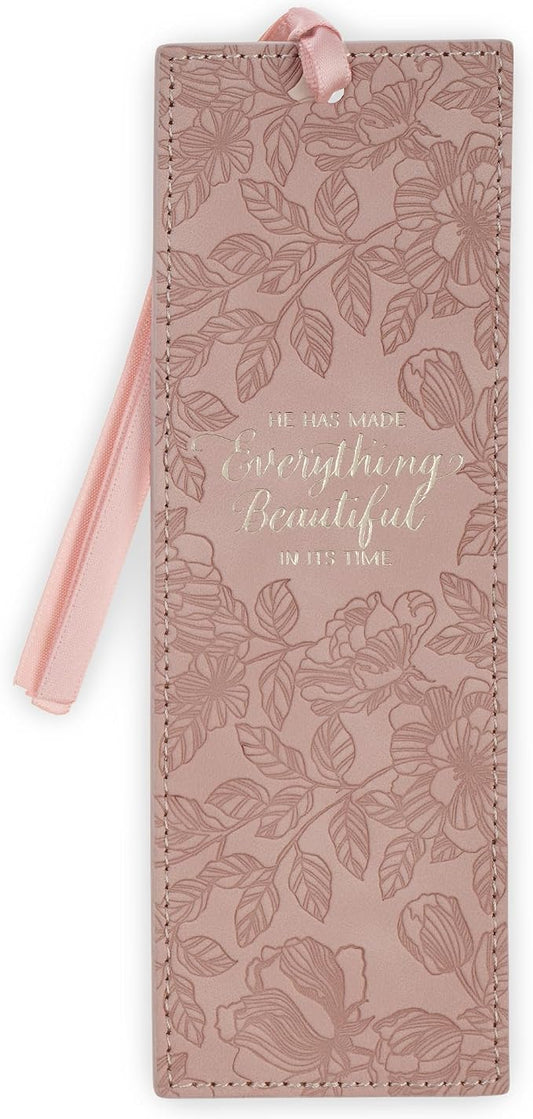 Christian Art Gifts Premium Vegan Leather Motivational Scripture Bookmark for Women: Everything Beautiful Encouraging Bible Verse, Smooth Satin Ribbon, Debossed Floral Reading Accessory, Pastel Pink