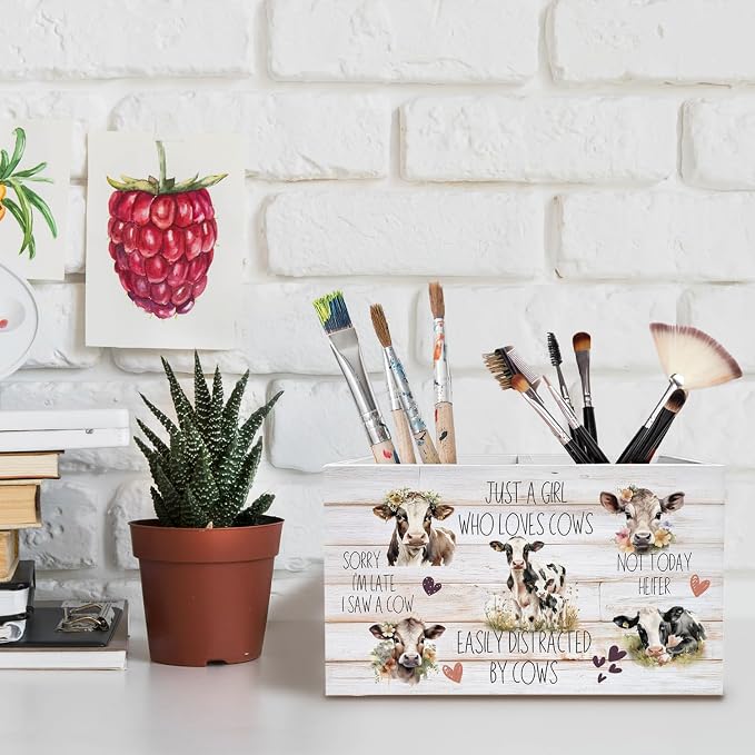 Rustic Cow Pen Holder for Desk, Cow Lover Gifts for Women Pencil Organizer, Just a Girl Who Loves Cows Wooden Box Sign Desk Decor for Farmhouse Home Office Decoration