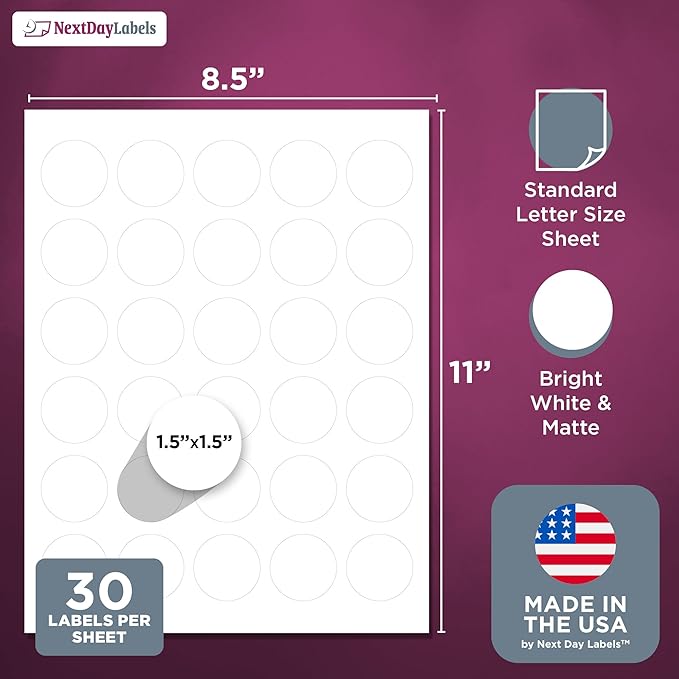 NextDayLabels 1.5 Inch Round Circle Stickers White Blank Labels for Laser Inkjet Printer - 30 Per Sheet Self-Adhesive Jar Candle Product Made in USA - 15,000 Labels