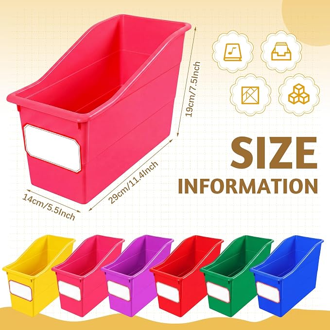 Teling 36 Pcs Book Bins Bulk - Plastic Book Storage Bin with Labels for Classroom Interlocking Magazine Holder Organizer Binder Container Box for School Office Desktop Bookshelf Home (Rainbow Bright)