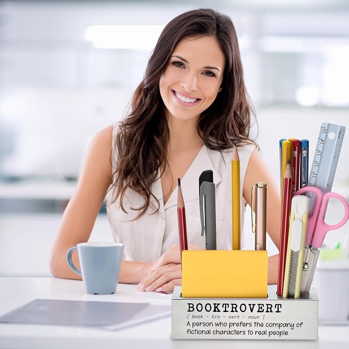 Booktrovert Desk Pencil Holder Appreciation Gift for Book Lovers Inspirational Office Decor for Readers Unique Pen Holder for Bookworms EDP92
