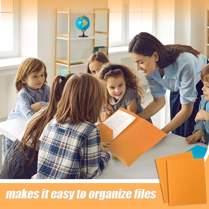 Gueevin 72 Pack Plastic Folder with Pockets, 2 Pocket Folders, Plastic Glossy Folders Fit Letter Size Paper, Heavy Duty Durable File Folder with Business Card for Home Office School (Orange)