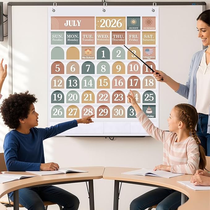 Sinload Classroom Calendar Pocket Chart Set Calendar Bulletin Board Set Seasons Festival Weather Pocket Chart for Classroom Decoration Back to School Supplies(Modern Boho 2,White)