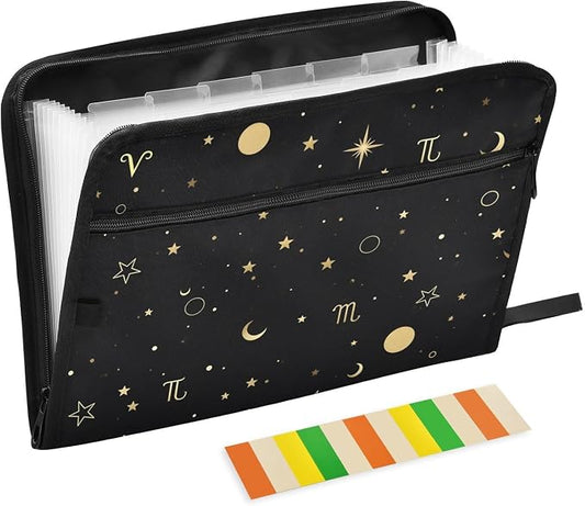 ALAZA Moon Star Zodiac Expanding File Folder, 13 Pockets Expandable Document Organizer Folder with Zipper Closure for Home Office A4 Letter Size Paper Document
