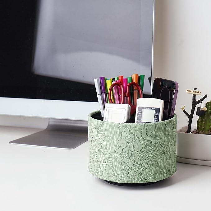 Round Leather Art Supply Organizer,Remote Control Holder,360 Degree Spinning,Multi-Functional Pencil Holder,4 Compartments Desktop Stationary Organizer(1-Lace Flower Green1)