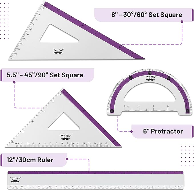 Mr. Pen- Metal Geometry Kit, 4 Pack, 45° & 30°/60° Set Squares, 6" Protractor & 12" Ruler, Durable Metal Drafting Tools for Technical Drawing, Math, Engineering & Architecture