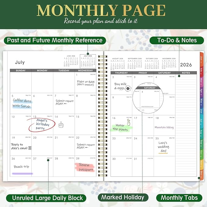 2026-2027 Monthly Planner - Academic Planner 2026-2027, JUL. 2026 - DEC. 2027, 9" x 11", 18 Monthly Calendar Planner with Colorful Tabs + Back Pocket + Twin-Wire Binding - Floral