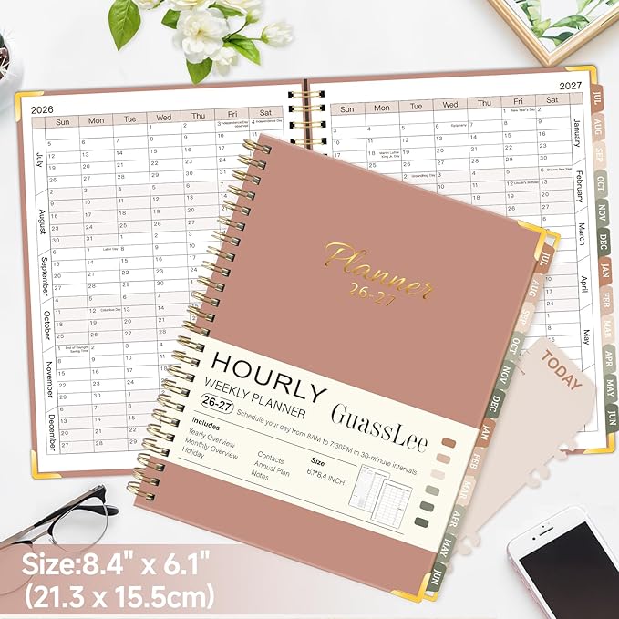 2026-2027 Academic Planner, Weekly & Monthly Appointment Book from Jul. 2026 - Jun. 2027, Work & Life Daily Hourly Planner with Time Slots, A5 Agenda Organizer for School Office, Brown, 8.4"x 6.1"