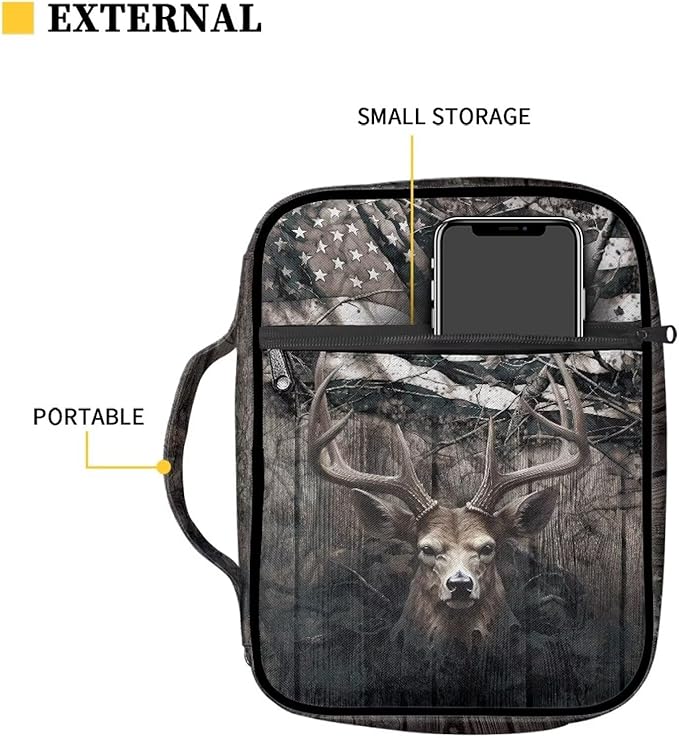 Suobstales Deer Print Bible Cover Bible Case for Women Men American Flag Design Lightweight Carrying Book Cover Church Bag Bible Protective Bag with Handle and Zippered Pocket