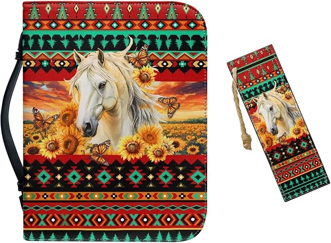 Leather Bible Covers for Women Bible Case Bible Bag Tote with Leather Bookmark,Aztec Boho Horse,Medium