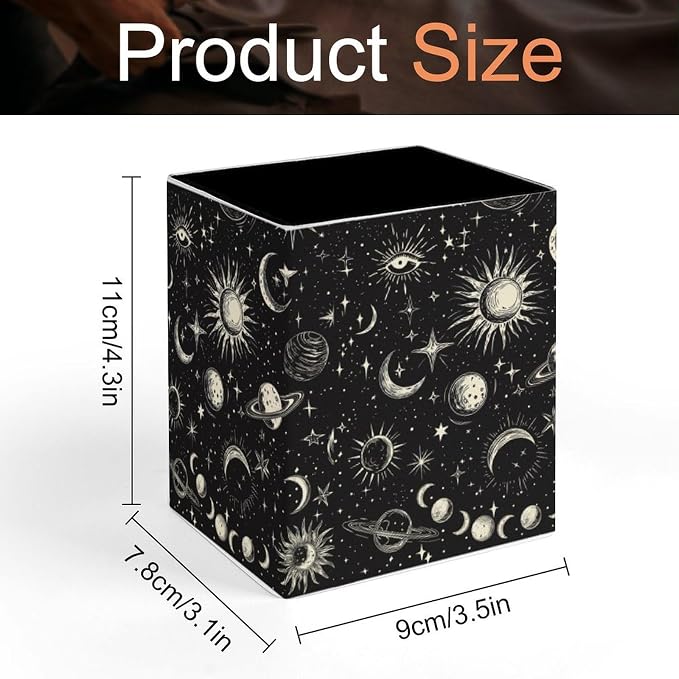 Stars Moon Sun Print Square Leather Pen Holder, Minimalist Desk Organizer for Office Home School, Pencil & Stationery Storage Box, Gift for Students Teachers Colleagues