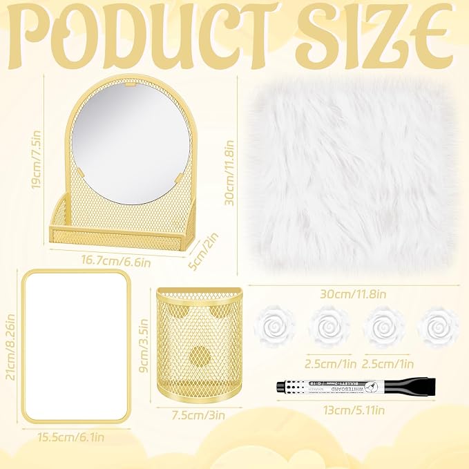 8 Pcs Locker Accessories for Girls Gold Magnetic Mirror, Magnetic Pen Holders, Cute Flower Magnets,Gold Locker Decoration for School Locker, Back to School Essentials