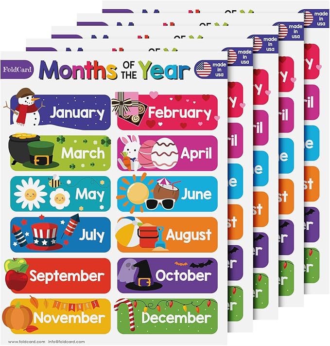 12 Months of the Year Chart for Preschool to Grade 1 Kids – Colorful Educational Visual/Learning Aid Poster Decoration for Classroom or Home | Glossy Durable Cardstock | 8.5" x 11" | 5 per Pack