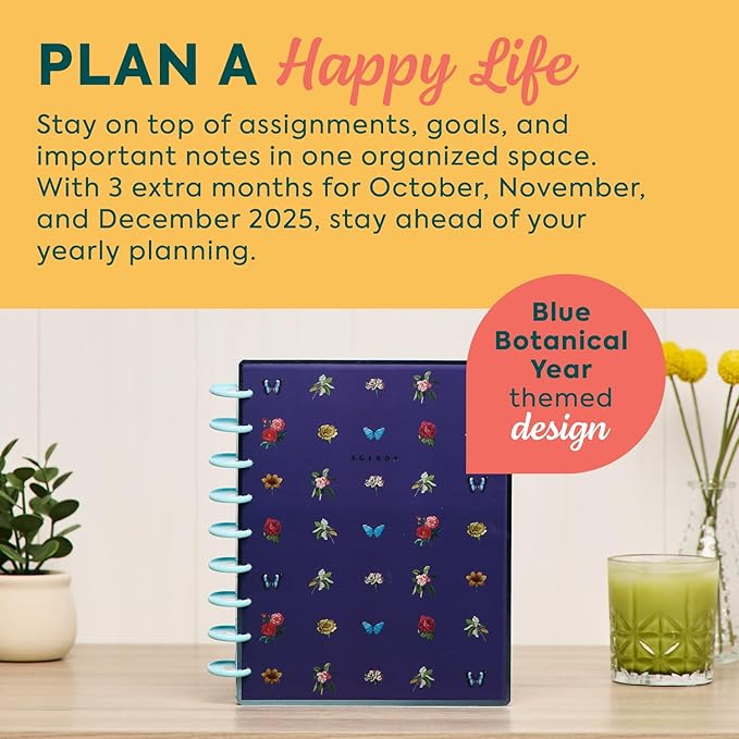 Happy Planner Disc-Bound Planner Jan.–Dec. 2026, Includes 3 Extra Months and 2 Sticker Sheets, Classic Size, 7" x 9.25", Dashboard Layout, Blue Botanical Year