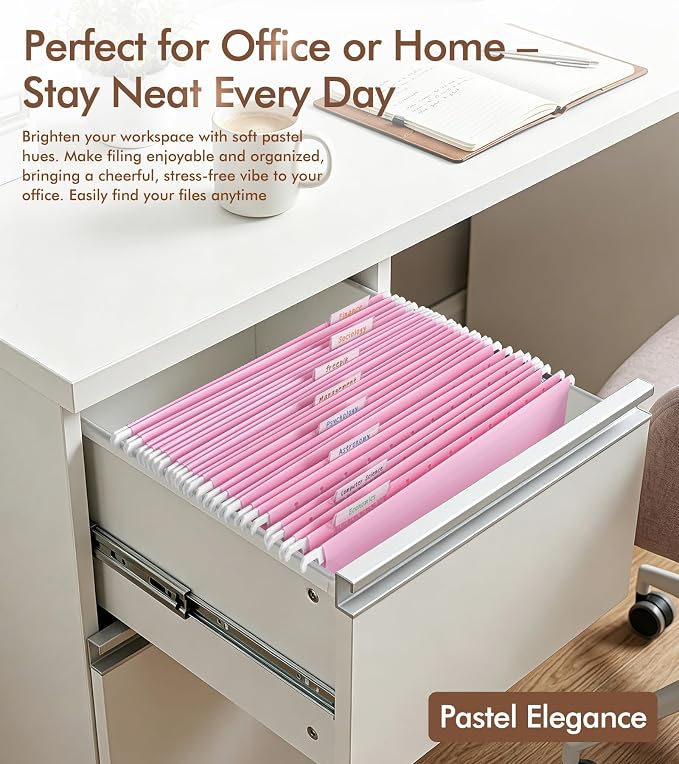 Plastic Hanging File Folders Letter Size, Colored Hanging File Folders with Tabs, Durable Waterproof Plastic Hanging Folders for Filing Cabinets, Office, School & Home Organization (15, Pink)