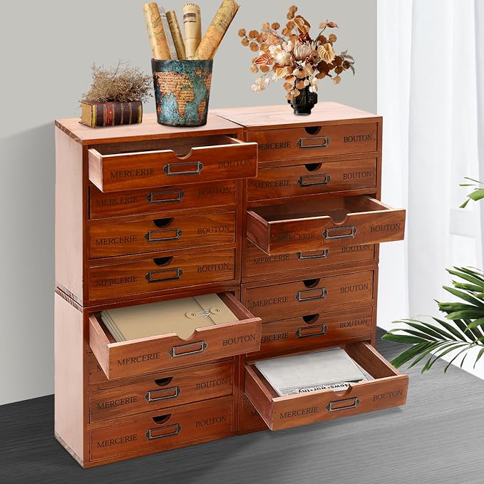16-Drawer Wooden Storage Box, Literature Organizer 4Pcs 4-Slot Wooden Desk Drawer Unit Desktop File Holder, Craft Storage Box for Home, File Cabinet for Office, Classrooms, Cafes (Brown)