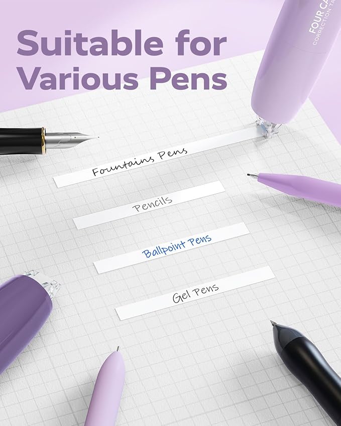 Four Candies Refillable Retractable White Correction Tape, 4PCS Smooth White Pull-Out Tape with 4 Extra Refills, Easy to Use Applicator for Instant Corrections for Office, School Supplies (Purple)