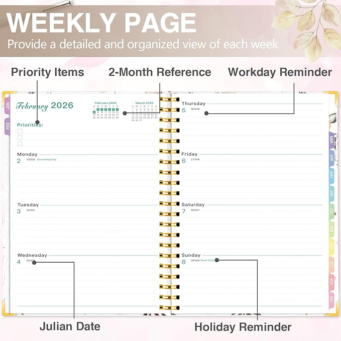 GuassLee 2026 Weekly Monthly Planner A4, 12-Month Hardcover Large Calendar Planner with Tabs, Stickers & Pocket, January 2026 to December 2026 Daily Planner Organizer for School Home Office