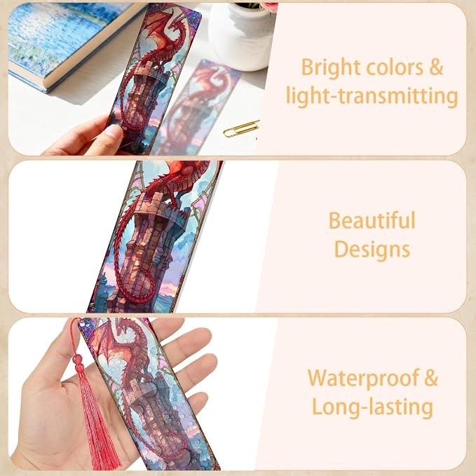 4 Pcs Stained Glass Dragon Bookmarks Gifts for Women Men, Transparent PVC Bookmark with Tassels, Cool Book Lovers Accessories, Unique Reading Book Marks for Bookish Office School