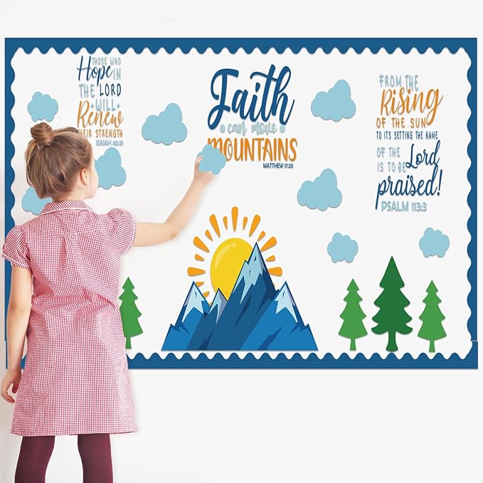 Sayglossy Faith Can Move Mountains Bulletin Board Decoration Religious Classroom Bulletin Board Faith Mountain Cutout for Sunday School Religious Classroom Home Wall Decor