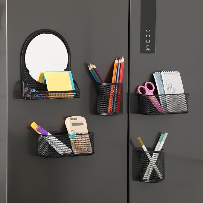 Weysat Set of 5 Magnetic Locker Accessories Mirror with 2 Magnetic Pen Holder and 2 Wire Mesh Storage Basket for Students Back to School Locker Organizer for School Office(Black)