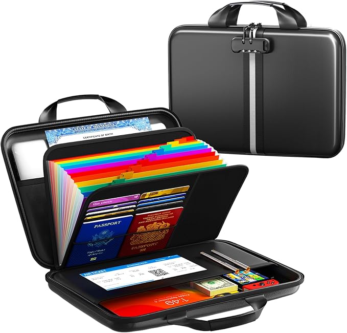 Fireproof Document Organizer with Lock, Rigid EVA File Box with 13-Pocket Accordion Folder for Important Documents & Tablets under 11", Lightweight Safe Storage for Home, Office & Travel (Small Size)