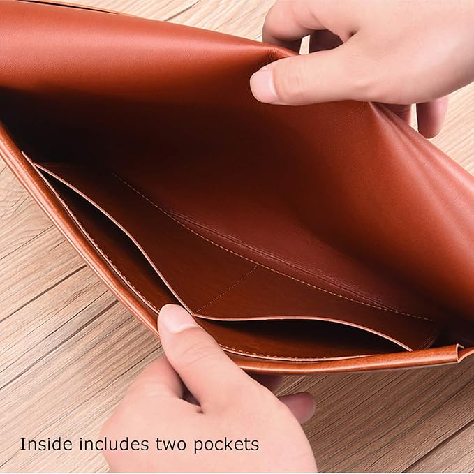 PU Leather A4 File Folder Document Holder Envelope Folder Case with Snap Closure for Receipt Contract Brown