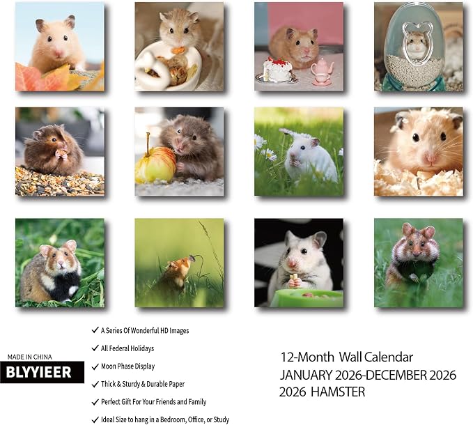 2026 Wall Calendar,Hamster Calendar 2026, Monthly Wall Calendar, 12" x 24" Open,Family Planner Calendar Organizer with funny hamster Images