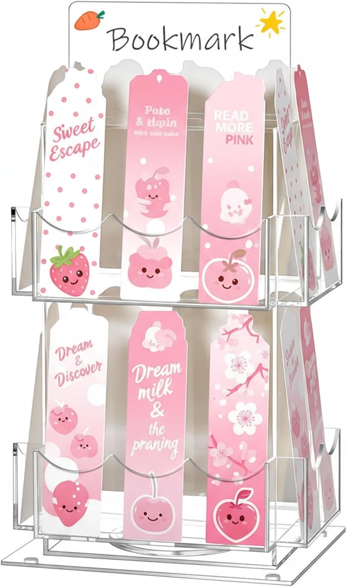 Marsui 2 Tier Acrylic Rotating Bookmark Display Stand, 14.4 x 7.8 x 6.3 Inch 4 Sided Bookmark Sticker Holder, 360° Rotating No Assembly Required for Vendors, Retail, Showcase, Trade Show