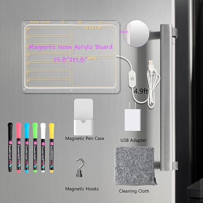 Acrylic Weekly Board for Fridge with Light,16"x12" Weekly Board Fridge Memo Dry Erase Board Set for Refrigerator,Glass,Wood Wall,Office with 6 Colors Markers