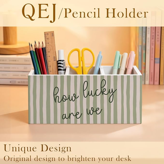 How Lucky Are We Motivational Pen Holder for Desk, Sage Green Striped Positive Affirmations Wooden Box Pencil Pen Organizer for Home Office Classroom Desk Tabletop