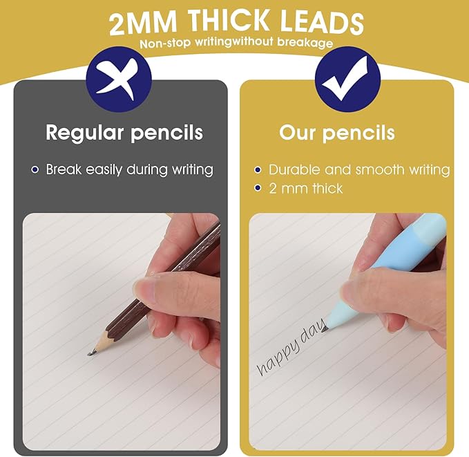 Mechanical Pencils Thick Pencils with Comfort Ergonomic Grip, Aesthetic Supplies with 6 Leads Refills, 2 Pcs Erasers - 6 Pcs Colorful 2.0MM Pencil for Writing & Drawing
