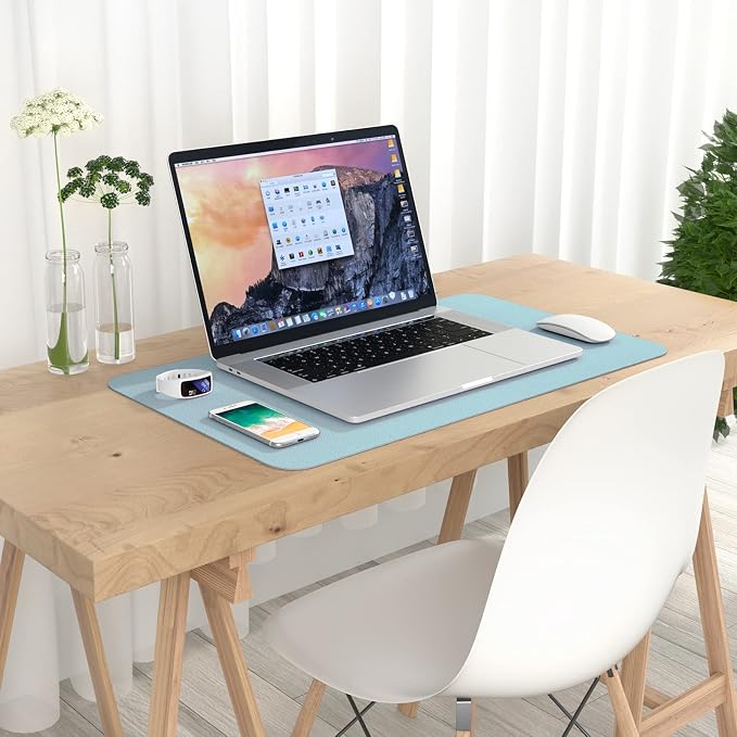 Hsurbtra Desk Pad, 23.6" x 13.8" PU Leather Desk Mat, M Extended Mouse Pad, Waterproof Desktop Blotter Protector, Non-Slip Ultra Thin Small Laptop Keyboard Writing Mat for Office Home, Lake Blue